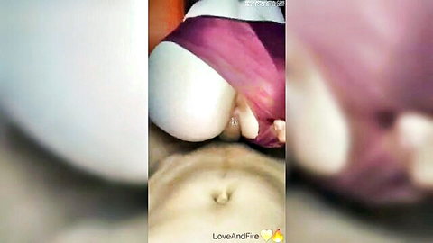 Close-up POV of girl's exposed pussy and ass with white dildo inserted, purple panties pulled aside