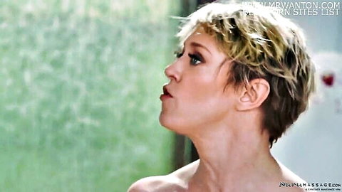 Dee Williams mature blonde topless profile in steamy scene