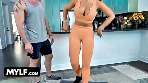 Kiki Klout thick MILF in orange sports bra and leggings with muscular stud after workout