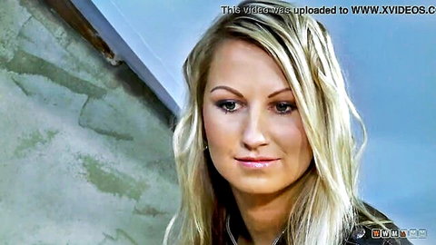 Beautiful blonde babe smiling seductively in closeup porn thumbnail