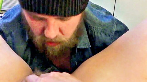 BunnieAndTheDude eating hairy pussy in front of girlfriend, close-up cunnilingus