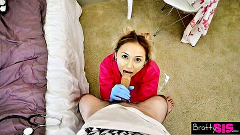 Petite young nurse in pink top sucks thick cock POV wearing blue latex gloves