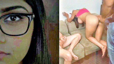 Brunette with glasses watches curvy big ass babe get fucked doggy style on couch