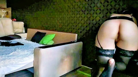 Curvy woman in sexy black lingerie bends over, exposing big ass for friend penetration