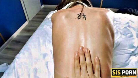 Skinny pale teen stepsister naked on bed with hand gripping her small bare ass from behind