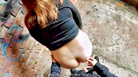 Redhead with big pale ass exposed outdoors, man touching her from behind in public