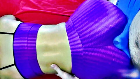 Fit babe's huge ass in shiny purple yoga pants groped doggy style on bed