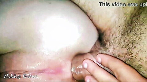 Amateur POV closeup of hairy wet pussy and tight asshole spread wide by fingers