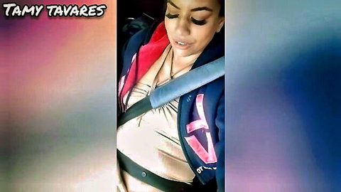 Tamy Tavares horny in car, cleavage exposed in seatbelt