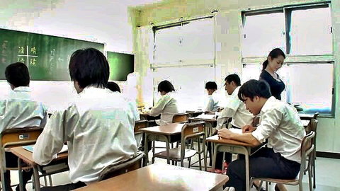 Reina Nanjo as married teacher in tense classroom climax scene, JAV