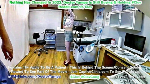 Doctor Tampa in crop top and shorts behind-the-scenes consent scene