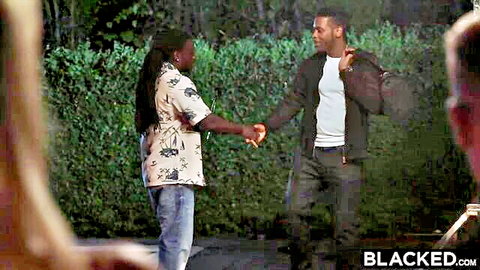 Hot blonde shakes hands with two BBC studs in Blacked outdoor threesome preview