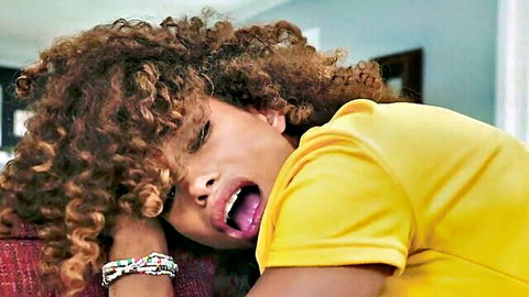 Cecilia Lion moaning in ecstasy, curly haired ebony beauty in yellow top
