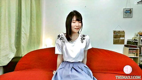 Kurumi Suzuka innocent look in white top and blue skirt, JAV intro