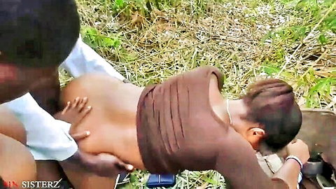 Ebony couple in passionate outdoor doggy style sex in the bush
