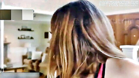 Brunette in red top, side view tease for hot cuckold sex scene