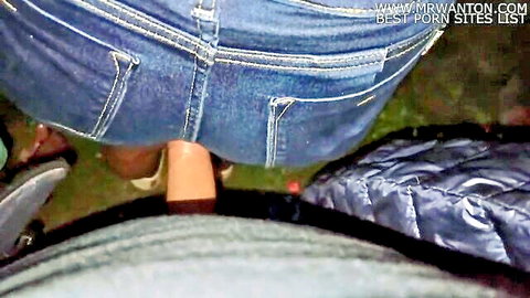 Latina in tight denim shorts bending over, showing curvy ass from behind POV