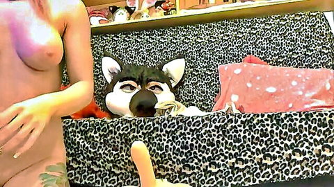 Sofi Mora topless in furry wolf mask on webcam, solo masturbation