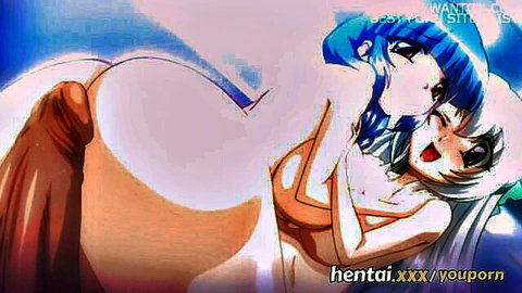 Hentai blue-haired futanari student fucking white-haired girl's big ass from behind