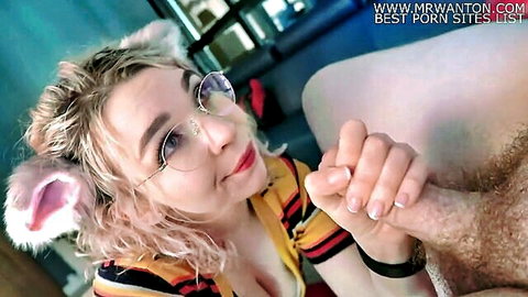 Blonde catgirl cosplay with glasses grips thick hard cock smiling POV
