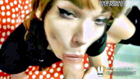 Redhead with bulging cheek deepthroats cock in intense facefuck closeup