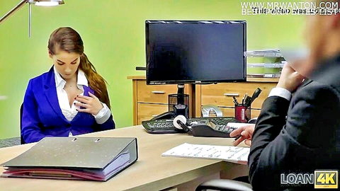 Brunette babe in suit unbuttons blouse flashing big fake tits to loan agent in office