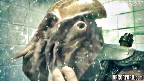 Terrifying octopus monster mask with tentacles in steamy tiled shower horror cosplay scene