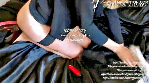 Angelica in black lingerie masturbating solo with red toy, exposed ass
