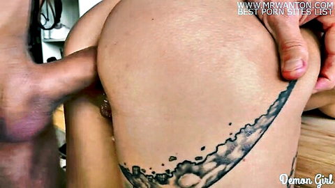 Tattooed babe's big pale ass gripped by hand as hard cock rubs against thigh