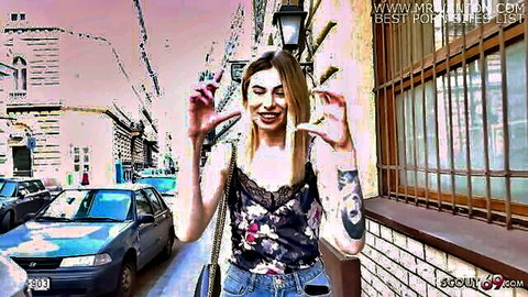 Milena Devi skinny blonde teen in lace top and jeans at street casting