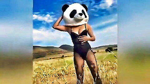 Latina babe in panda mask and sheer black lingerie teasing big tits outdoors in field