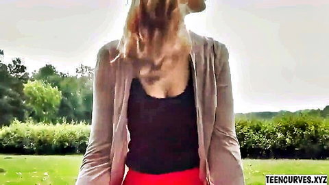 Blonde curvy Croatian camgirl in cardigan and shorts outdoor tease