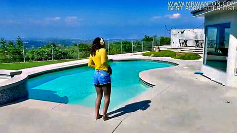 Ebony teen in tiny denim shorts teasing juicy big ass by pool