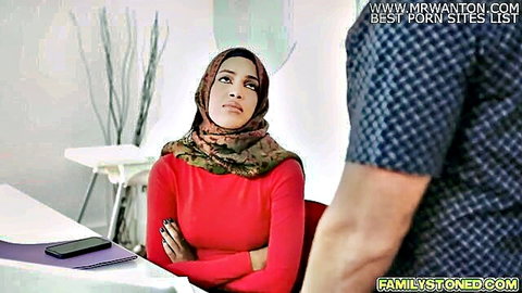 Arab hijab brunette with big tits arms crossed looking up at man in taboo office