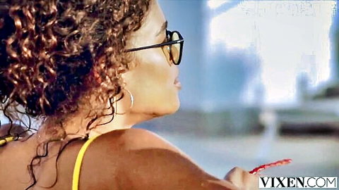 Curly-haired Scarlit in yellow bikini and sunglasses for Vixen threesome with Alexis
