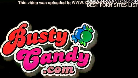 Busty Candy porn site watermark promo with lollipops on black background