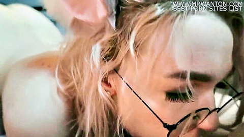 Blonde bunny cosplay girl with glasses face buried in big pale ass cheek