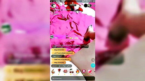 Live chat screen requesting arab girl big ass squat money with cherry emojis on pink background