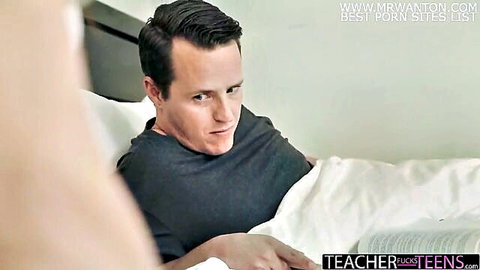 MILF tutor sneaks quiet fuck with student in bed while mom is outside