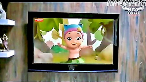 Desi wife in animated scene with tailor boy, playful pose on TV screen