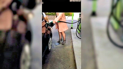 Chantal pumps gas in short pink dress at public station, exhibitionist tease