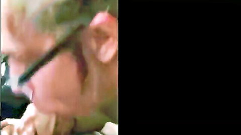 Close-up blowjob with dripping saliva on woman's face in glasses