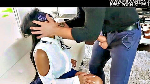 Blindfolded Asian teen slave kneels gagged by hand as man forces thick cock against her mouth for rough blowjob