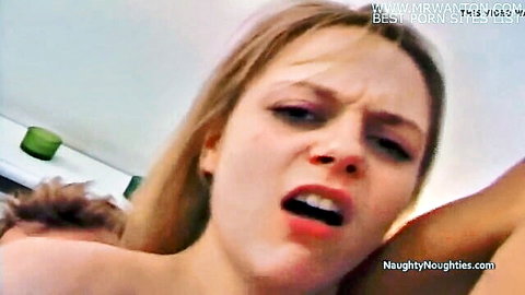 Blonde petite babe with small tits sucking cock in naughty closeup blowjob