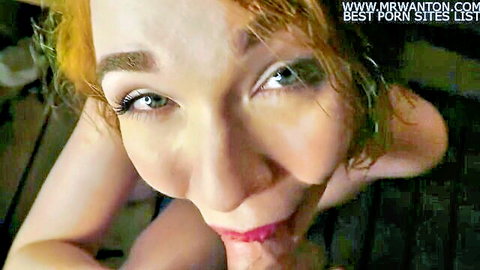 Russian teen close-up facial cumshot in sauna with wet red hair