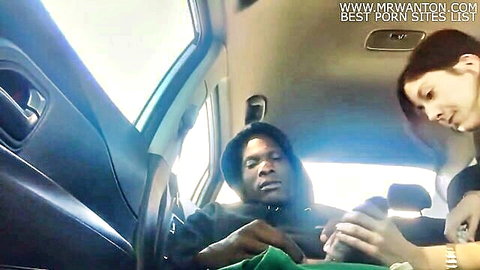 Interracial BBC car blowjob with white woman swallowing in amateur scene