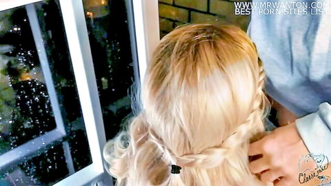 Blonde model cheese__cake teases on rainy balcony with lover's touch