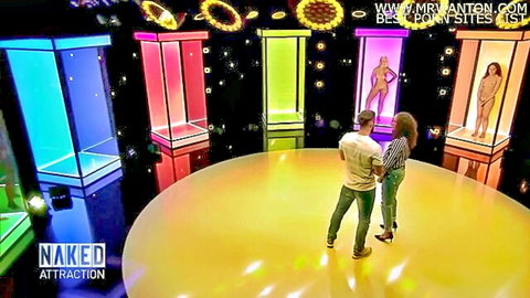Naked Attraction German TV show: Nude women in colorful pods, clothed couple on stage
