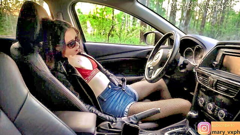 MaryVincXXX in red bra, shorts & fishnets teasing in car for blowjob