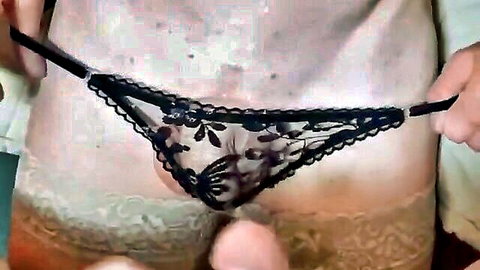Close-up of cum on bulging black lace panty crotch, male solo fetish